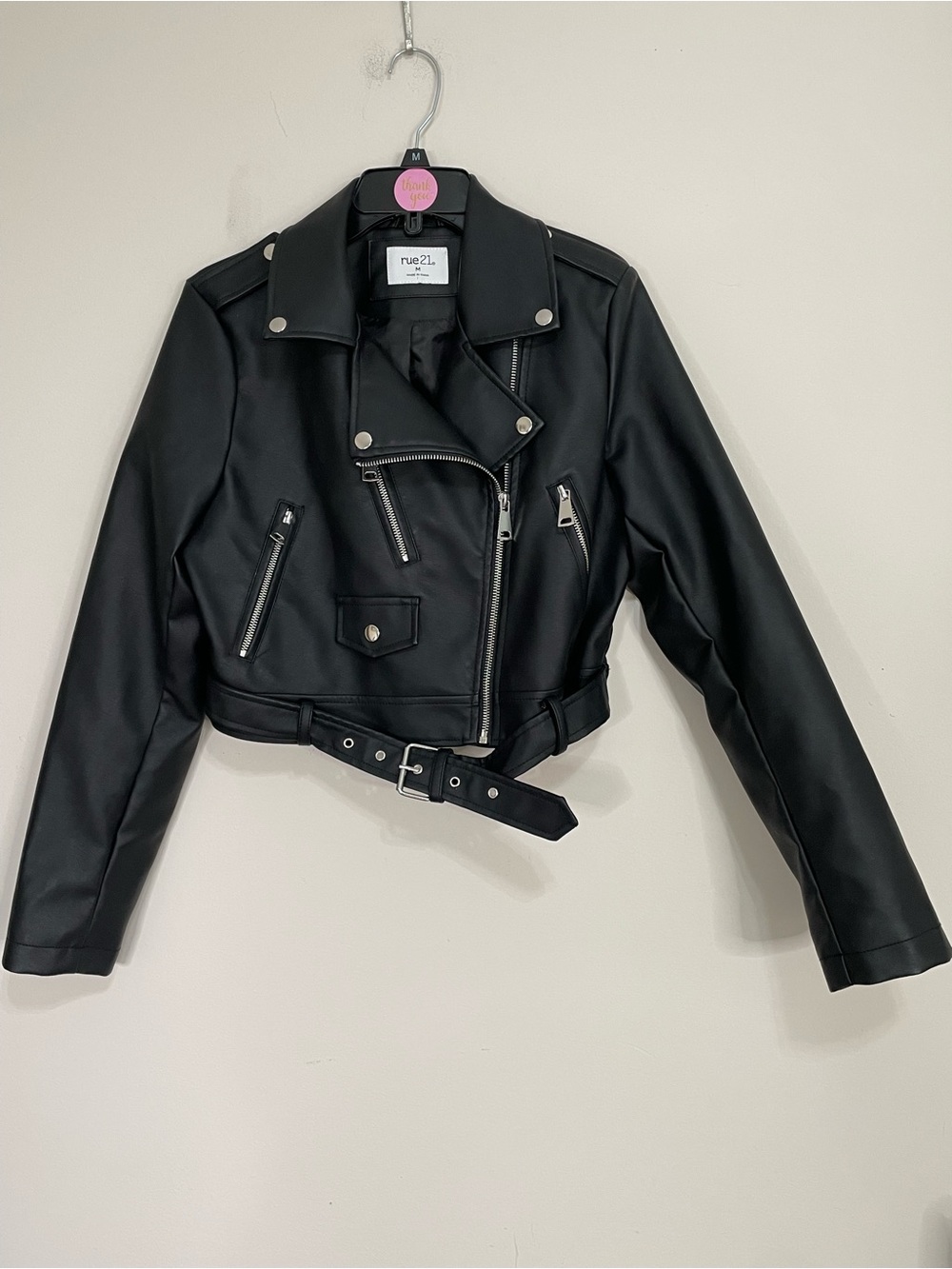 Rue21 Women’s Black Faux Leather Crop Moto Jacket with Belt Size Medium